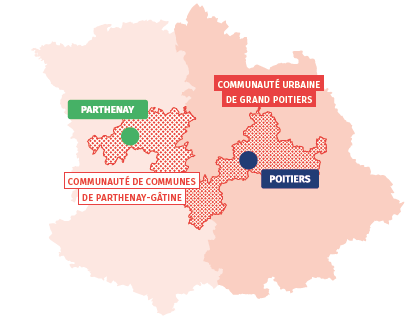 Carte de la Communauté de communes de Parthenay - Gâtine et de la Communauté urbaine de Grand Poitiers