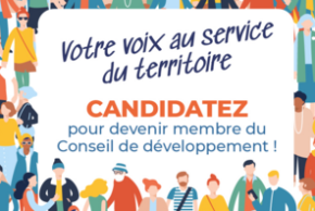 Illustration pour le recrutement du conseil de développement avec le texte : "Votre voix au service du territoire. Candidatez pour devenir membre du Conseil de développement"