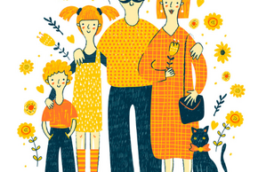 Illustration d'une famille avec leur animal de compagnie
