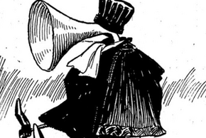 Caricature représentant un homme dont la tête prend la forme d'un clairon