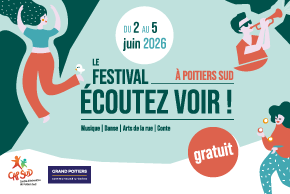 Visuel du festival Écoutez voir! 2026 ayant lieu à Poitiers Sud du 2 au 5 juin