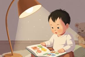 Illustration d'un enfant assis sur un tapis et en train de lire un album