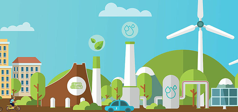 Illustration d'une ville stylisée axée sur l’énergie verte et durable