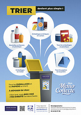 Infographie "Trier devient plus simple !" "Tous les emballages et les papiers se trient. À déposer en vrac. Non lavé, mais bien vidé. Pas emboîté l'un dans l'autre" - Agrandir l'image (fenêtre modale)