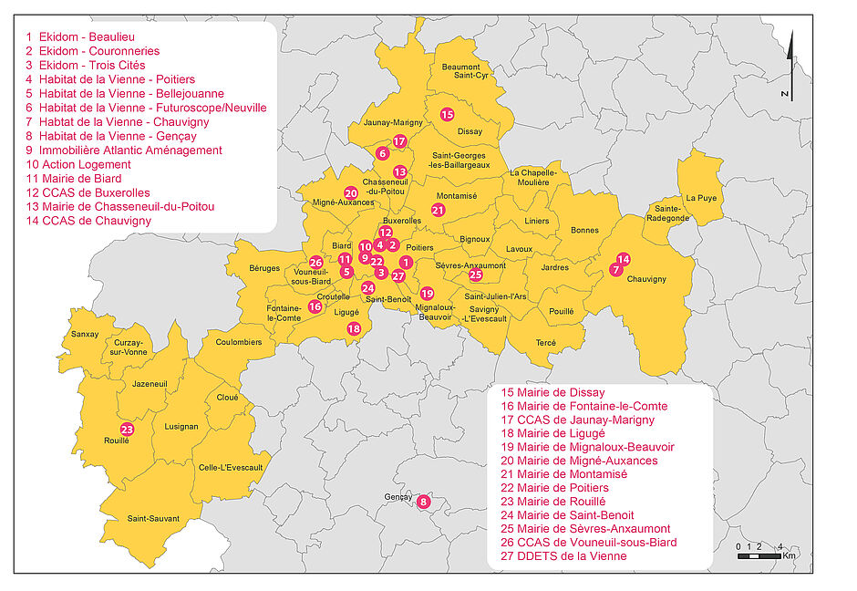 Carte représentant l'implantation des différents guichets d'enregistrement de la demande de logement social à Grand Poitiers