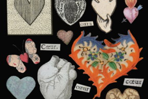 Vue de haut de cœurs trouvés dans les documents des collections patrimoniales : cœur en dessin, en gravure, en enluminure...