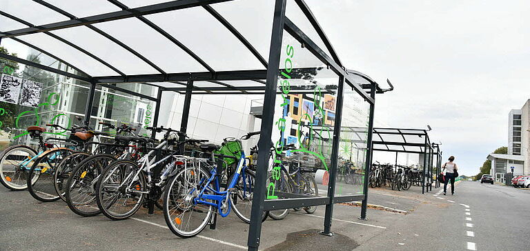 Rangée de vélos garés dans un abri à vélos