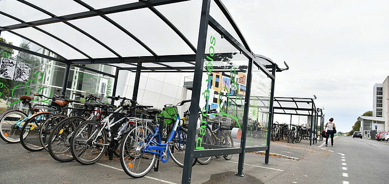 Rangée de vélos garés dans un abri à vélos