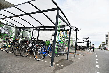 Rangée de vélos garés dans un abri à vélos
